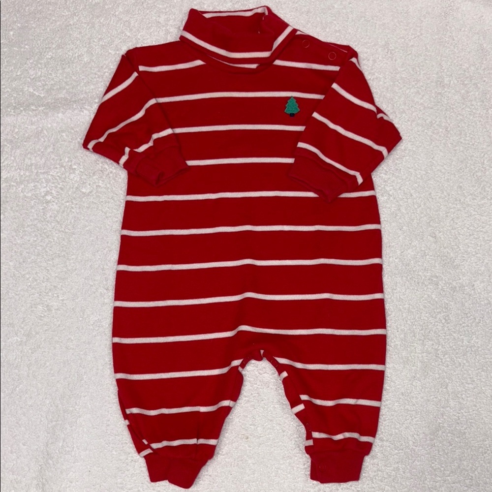 Vintage Hartstrings Red and White striped embroidered Christmas tree romper 3/6m